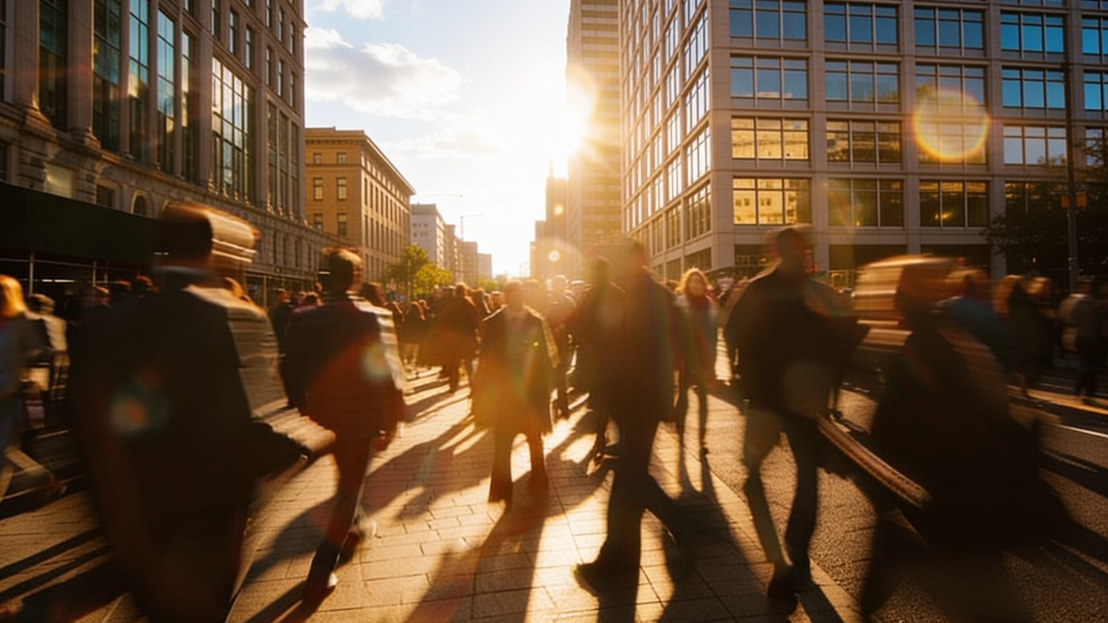 Pessoas caminhando pela cidade ao pôr do sol